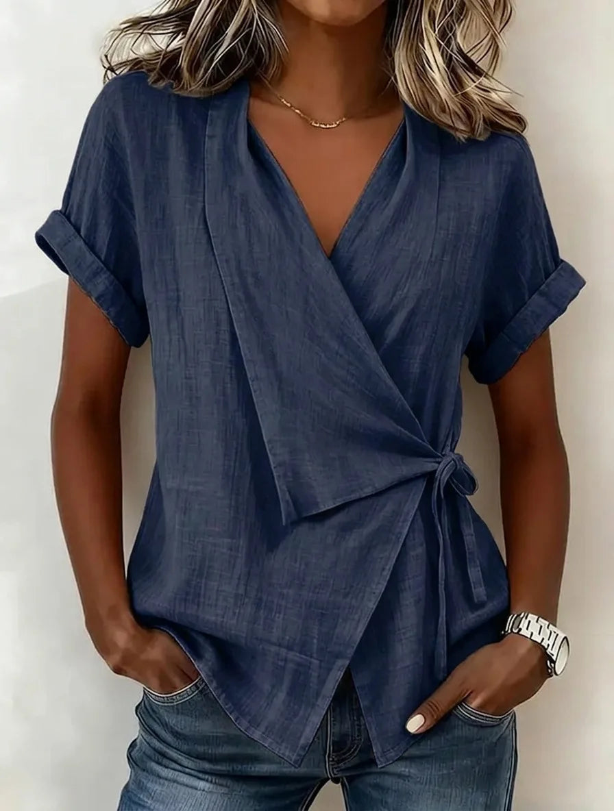 Top Asymétrique Nouer en Lin à Col V & Manches - Summer Women 2026