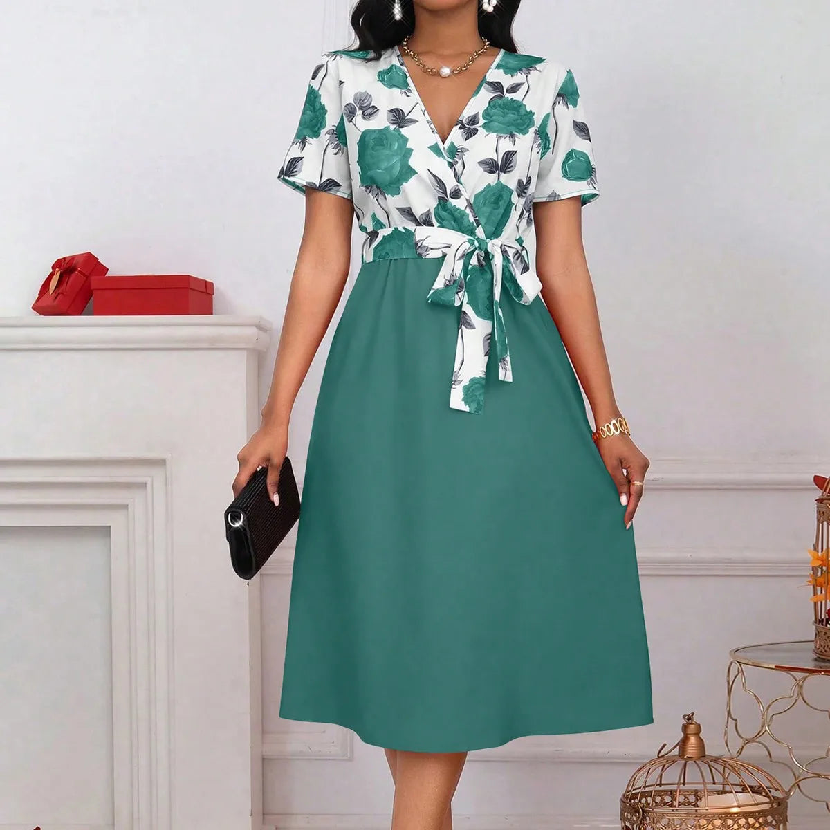 Vestido Midi Floral para Mujer – Cuello en V, Cintura Anudada y Corte Evasé Elegante