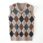 Pull sans manche col V à motif carreaux