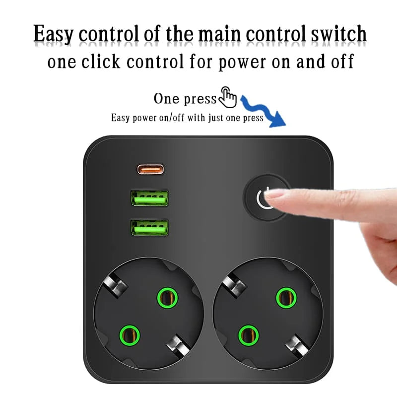 Multiprise Bouton ON/OFF - 2 prises/ 2 Ports USB/ 1 Port USB Type-C
