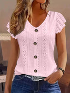 T-shirt femme col V à manches volantées — style élégant et décontracté printemps-été