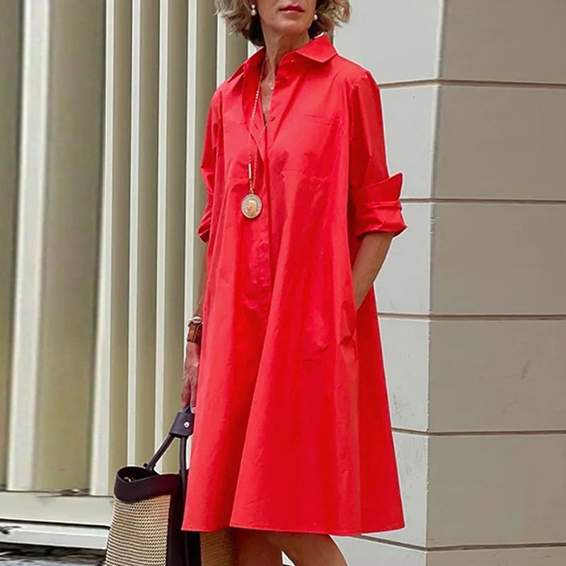 Robe chemise mi-longue col rabattu et poches - Collection 2024