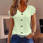 T-shirt femme col V à manches volantées — style élégant et décontracté printemps-été