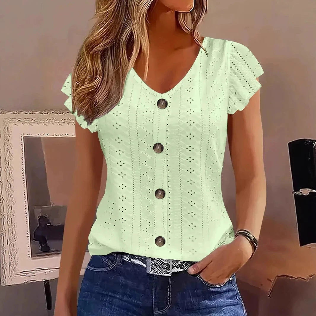 T-shirt femme col V à manches volantées — style élégant et décontracté printemps-été