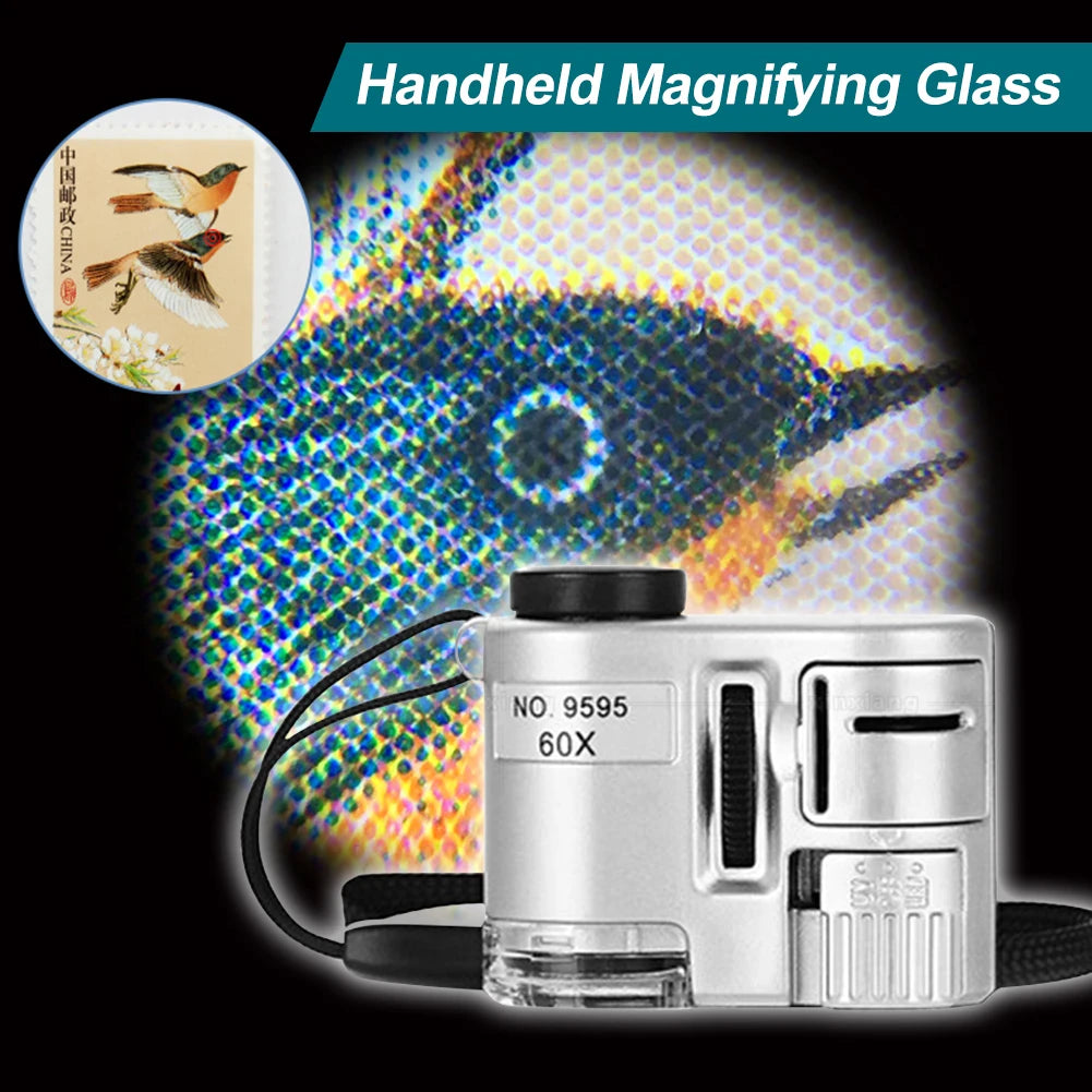 60X Pocket Magnifier with LED - Mini Portable Microscope for Jewelry, Currencies and Precision Inspection