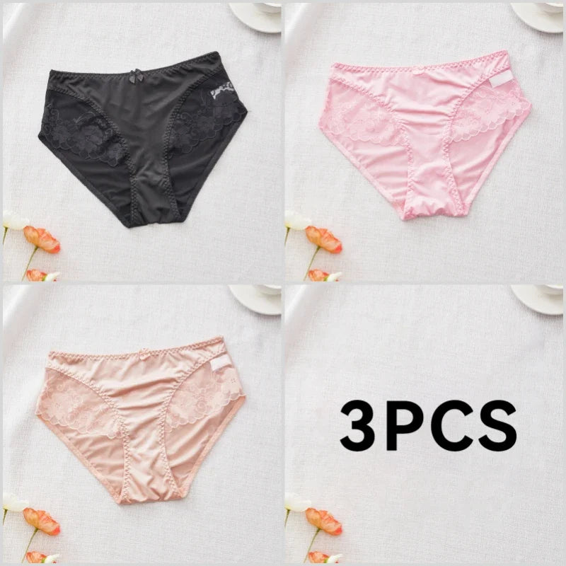 Lot de 3 Culottes en Satin Sexy avec Dentelle