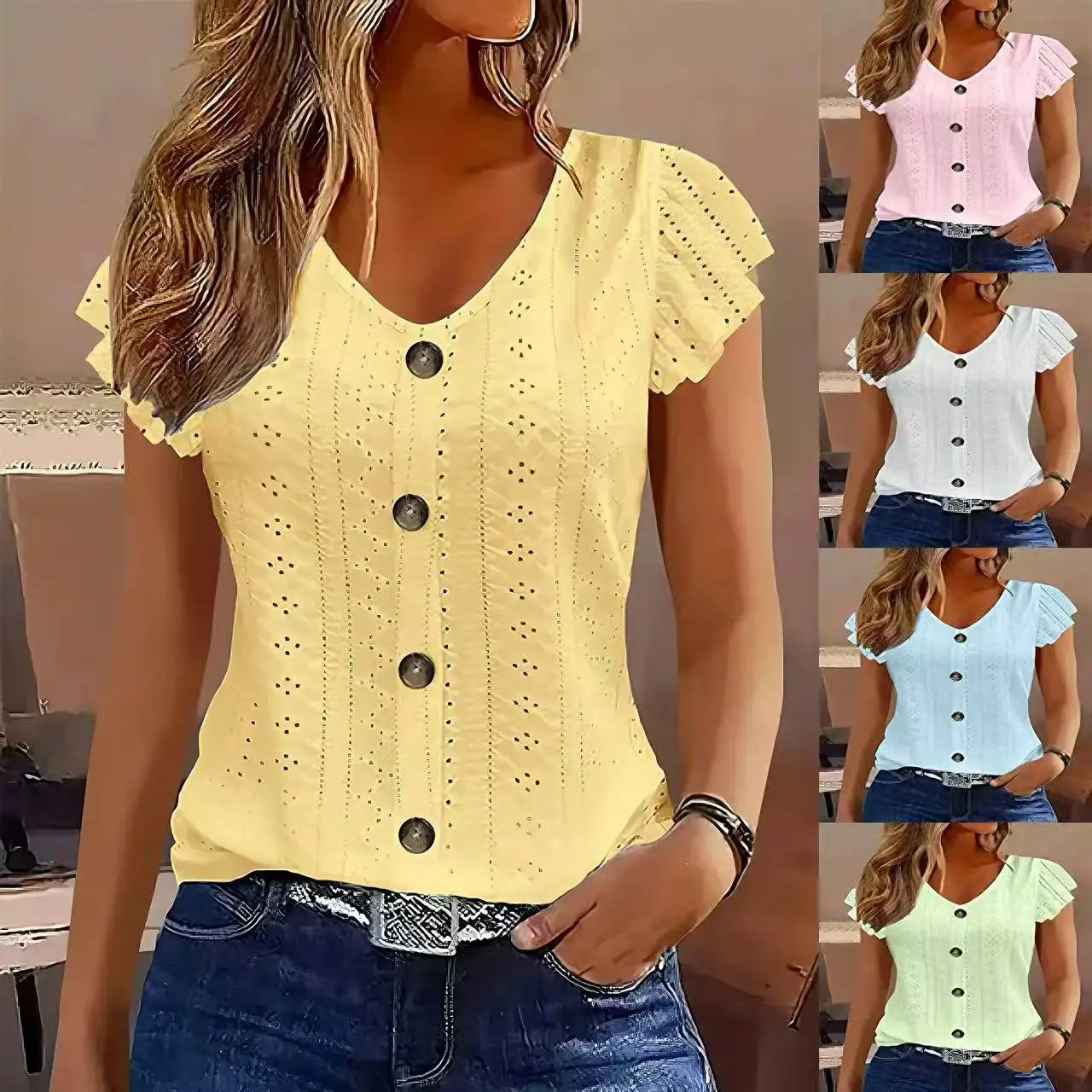 T-shirt femme col V à manches volantées — style élégant et décontracté printemps-été