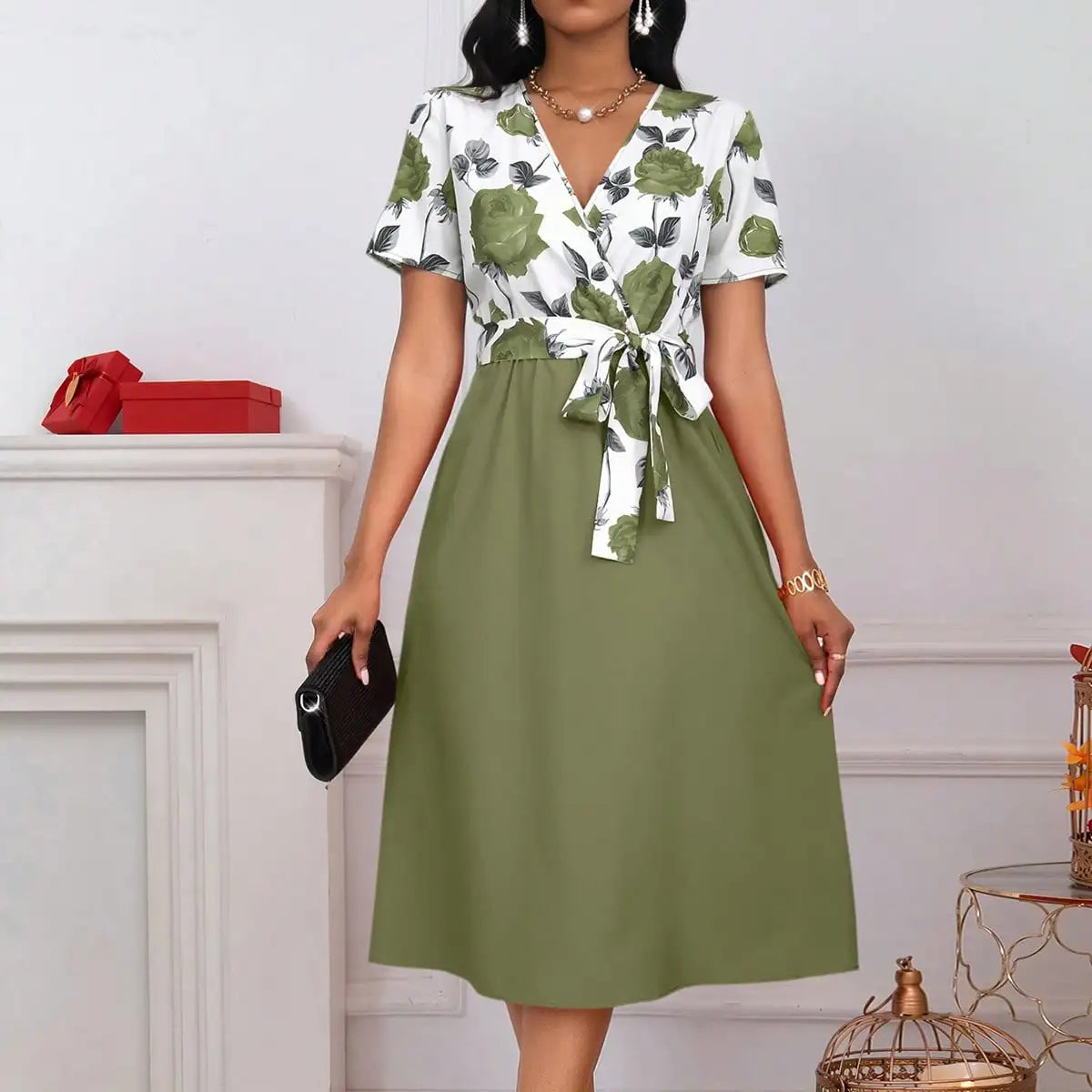Vestido Midi Floral para Mujer – Cuello en V, Cintura Anudada y Corte Evasé Elegante