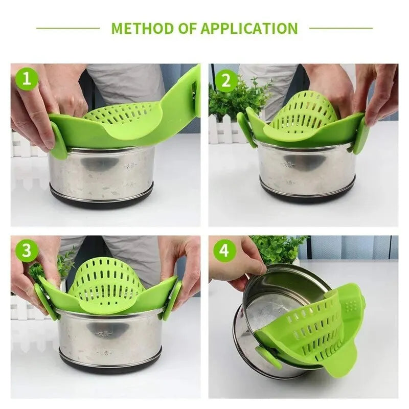 Passoire à pâtes en silicone anti-déversement, clip universel