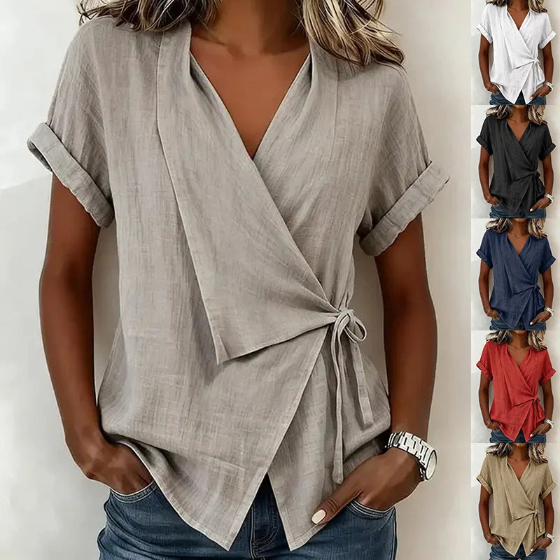 Top Asymétrique Nouer en Lin à Col V & Manches - Summer Women 2026