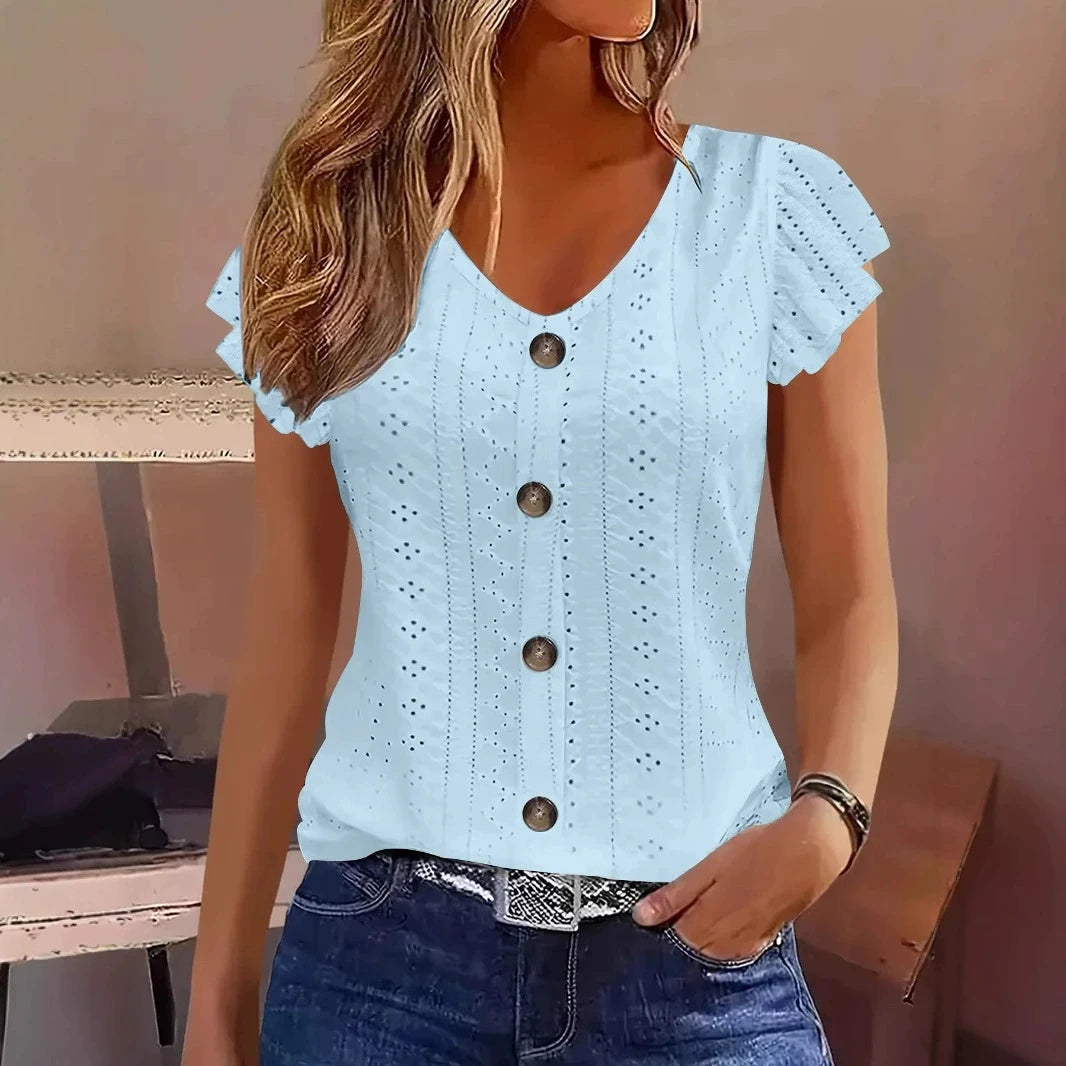 T-shirt femme col V à manches volantées — style élégant et décontracté printemps-été
