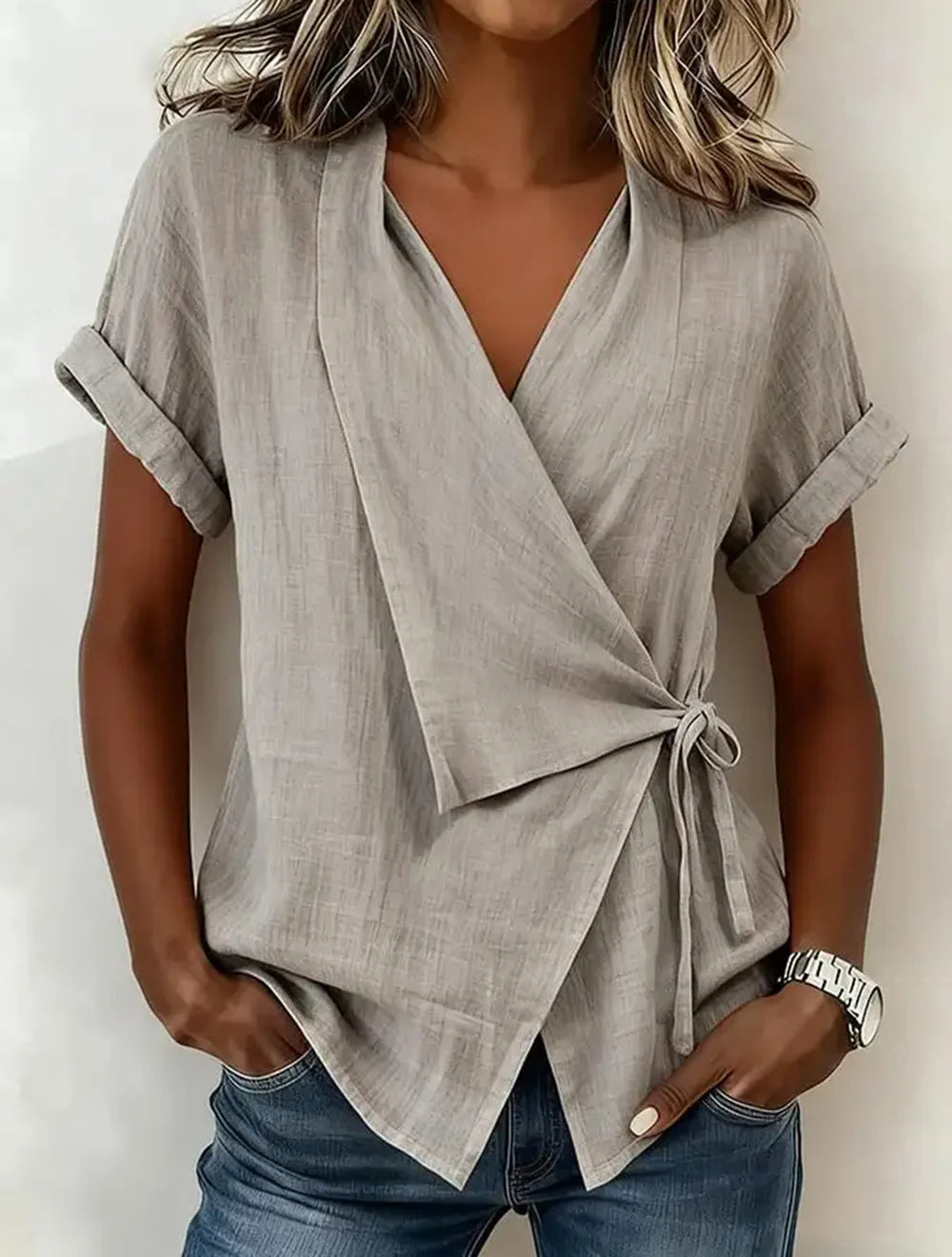 Top Asymétrique Nouer en Lin à Col V & Manches - Summer Women 2026
