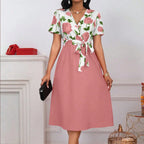 Robe Midi Fleurie Femme – Col V, Taille Nouée et Coupe Trapèze Élégante